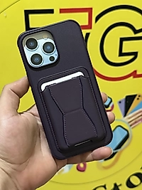 İphone 14 Pro Max Kartlıklı Standlı Deri Telefon Kılıfı Deep Purple