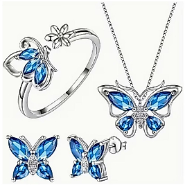 SET GÜNLÜK GİYİM & İŞ YERİ BLUE BUTTERFLY ZİNCİRLİ KOLYE & YÜZÜK & KÜPE SETİ