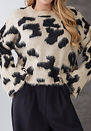 Bej-Siyah Desenli Sıfır Yaka Triko Kazak