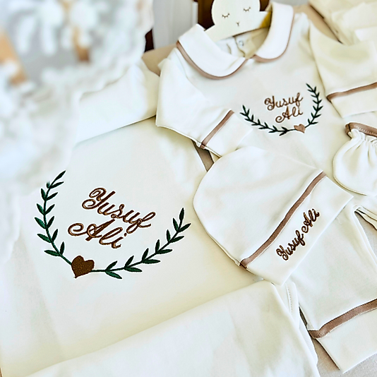 Asellakids 10'lu Yenidoğan Set - Bebeğinizin İsmi ve Yaprak Nakışlı