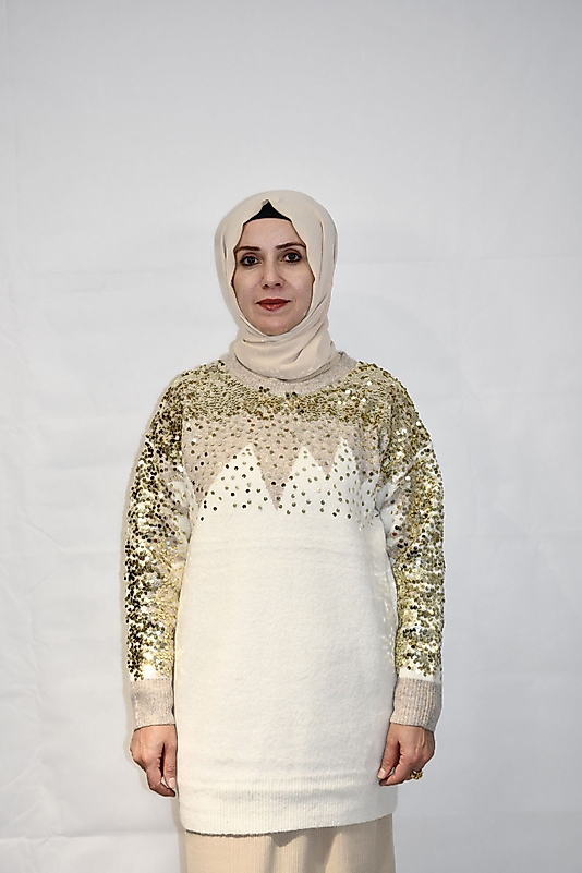 Payetli Ekru Triko Kazak