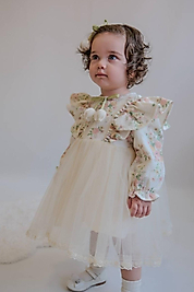 Kız Bebek 6-24 Ay Çiçek Desenli Tüllü Elbise (Fırfır Yaka)