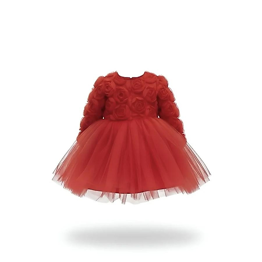 Üç Boyutlu Gül Detaylı Tütü Kız Çocuk kırmızı Özel Gün Elbisesi