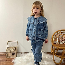 Yakası Geniş Ceketli 3lü Kız Çocuk Kot Takım