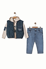 3-6 Yaş Erkek Çocuk Kapüşonlu Sweat, Yelek ve Kot Pantolon 3’lü Takım