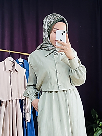 Su yeşili cepkenli beli lastikli elbise