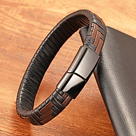 Kahve Ve Siyah Deri Örgü Ve Çelik Bileklik