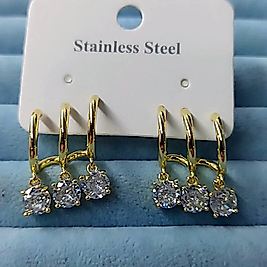 Çelik 14K 3 Lü Görünümlü Büyük Taşlı Küpe