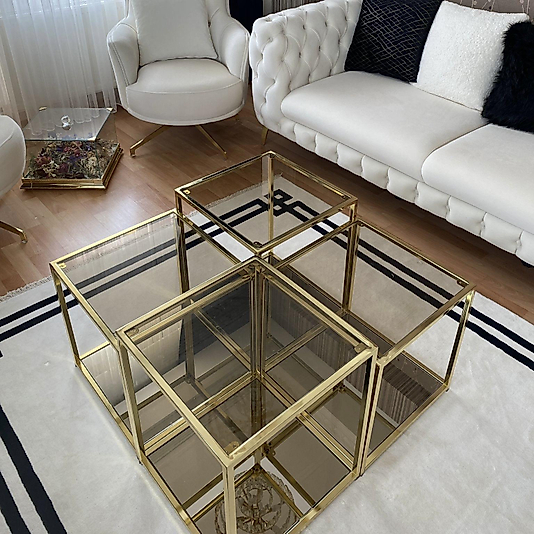 PARLAK GOLD PRAMİD ORTA SEHPA ÜST BRONZ CAM ALT BRONZ AYNA