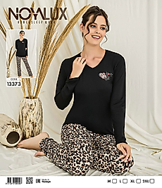 Siyah Kalp Baskılı V Yaka Üst & Leopar Desenli Alt Kadın Pijama Takımı -Noya 13373