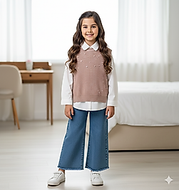 6 - 9 Yaş Arası İncili Süveter, Gömlek ve Bol Paça Kotlu Dörtlü Takım