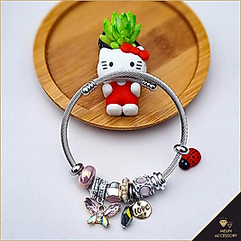 Pembe Kelebek Pandora Model Gümüş Çelik Bileklik