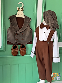 Erkek Çocuk Kahverengi Ekoseli Yelekli Takım