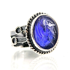 ANTİK ATHENA KABARTMA MAVİ CAM RÖLYEF YÜZÜK