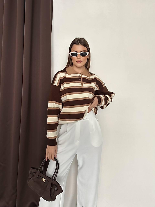 Trend polo yaka kazak - Kahverengi