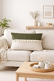 Püsküllü Kırlent Kılıfı Yeşil Krem