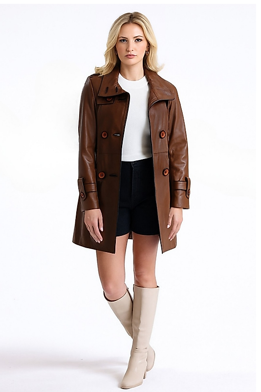 Luisa Hakiki Deri Kadın Taba Trençkot