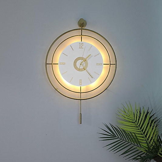 Led'li Gold Target Kristal (BÜYÜK BOY 50 X 75 Cm), Modern Dekoratif Sarkaçlı Metal Duvar Saati