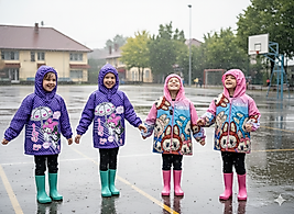 5 - 8 Yaş Arası Kız Çocuk Labubu ve Kuromi Desenli Tarz Yağmurluk