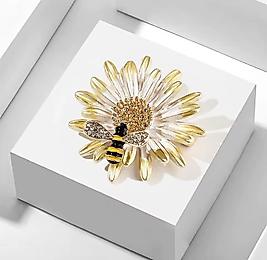 Renkli Mineli Zirkon Taşlı Çiçek Model Gold Renk Tasarım Arı Broş