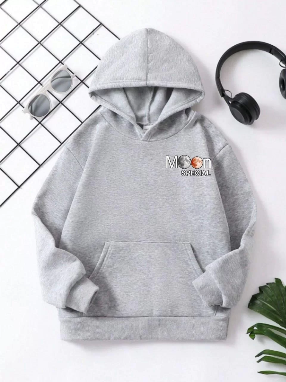 Çocuk Unisex Kapüşonlu Ön ve Arka Moon Special Baskılı Sweatshirt - Gri