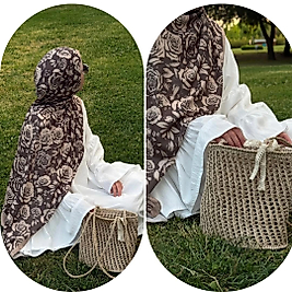 PAMUKLU SOFT  VİNTAGE ROSE DESEN ŞAL - VİZON