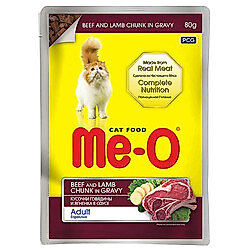 Me-O Pouch Biftek ve Kuzu Etli Soslu ve Parça Etli Yaş Kedi Maması 80 Gr