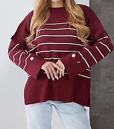 Bordo Kol Duğmeli Çizgili Triko Kazak