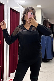 Siyah File Detaylı Kapüşonlu Sweatshirt