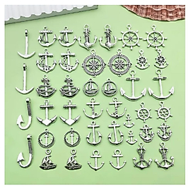 (40 X ADET) 1 SET ANTİKA GÜMÜŞ ÇAPA&PUSULA&OKYANUS&DENİZCİ BİLEKLİK&KÜPE&KOLYE UCU