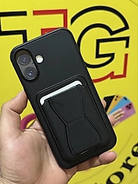 İphone 16 Plus Kartlıklı Standlı Deri Telefon Kılıfı Siyah