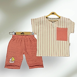 Gemi Baskılı Erkek Çocuk Müslin İkili Takım Turuncu