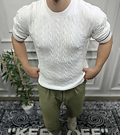 Örgü Desenli T-Shirt - Beyaz