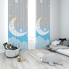 Minibabyrooms Mavi Ay ve Yıldızlar Desenli Fon Perde