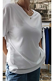 Kadın Modal Kumaş Beyaz V Yaka T-shirt