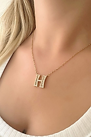 Harfli Zirkon Taşlı Gold Renk Çelik Kolye 45 cm (H Harfi)