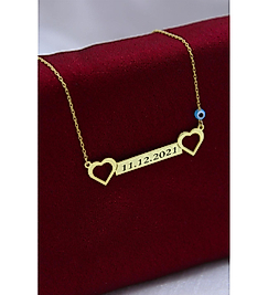 14K Altın Kaplama Kişiye Özel Tarih Kolye – Kalpli & Nazar Boncuklu Tasarım