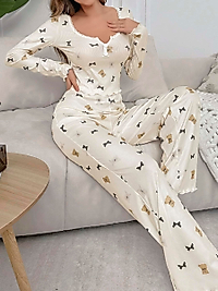 Kadın Ekru Ayıcık ve Fiyonk Desenli Yumuşak Pamuklu Uzun Pijama Takımı 5129