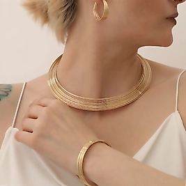Çelik Altın Renk Italyan Spiral Model Ayarlanabilir Choker Kolye Bileklik Küpe Set