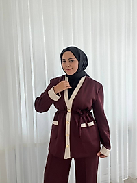 Düğmeli Scuba Takım - BORDO