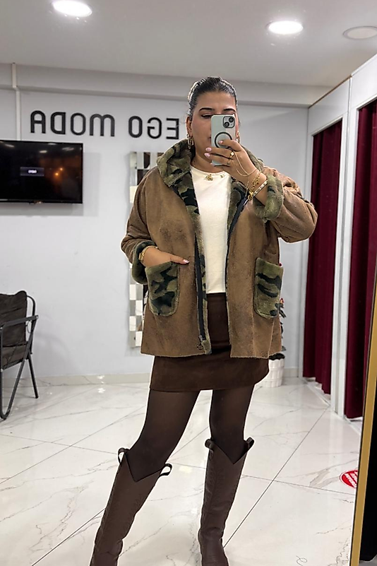 İtalyan Stil Kahverengi Oversize Kapüşonlu Kürklü Mont