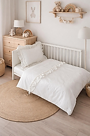 %100 Pamuk Fistolu / Fırfırlı Nevresim Takımı Kırık Beyaz