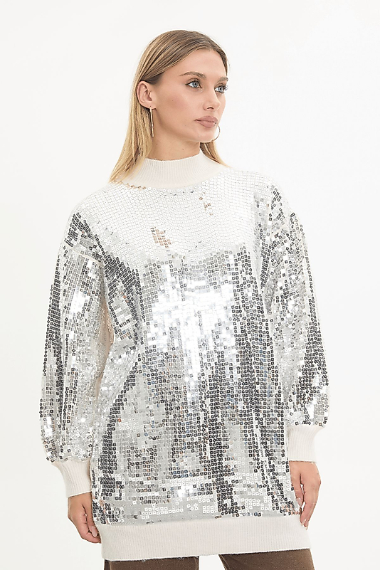 Payetli Ekru Triko Kazak