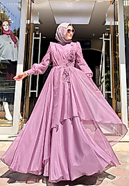 DRAPE VE TAŞ DETAYLI ORGANZE ELBİSE