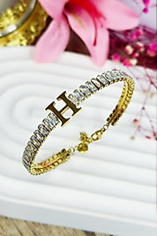 Harfli Su Yolu Gold Renk Çelik Bileklik 22 cm (H Harfi)