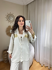 HAM KETEN TAŞ İŞLEMELİ GÖMLEK KREM