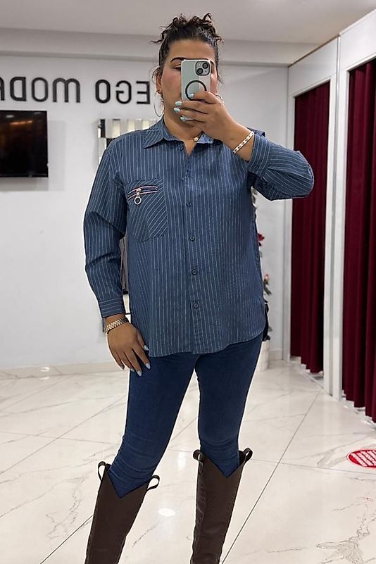 Fermuar Detaylı Çizgili Gömlek
