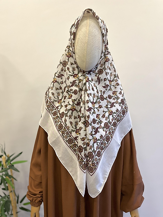 Beyaz Selçuklu Deseni Pamuk Eşarp