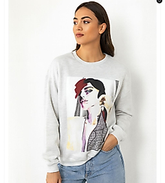 QUZU Baskı ve Aplike Detaylı Sweatshirt Gri