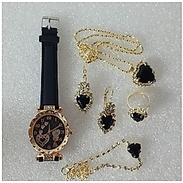 ( 6 X PARÇA ) TIME BLACK HEARTSAAT + KALP KUPE +KOLYE + BİLEKLİK + YÜZÜK TAKI SETİ SİYAH KALP